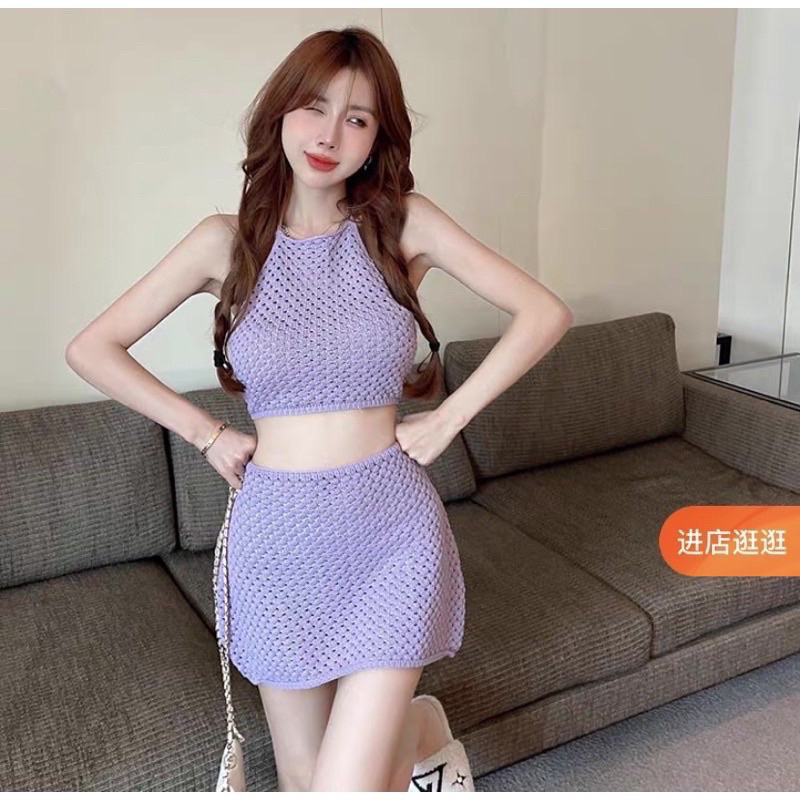 Set bikini len dệt màu tím quảng châu