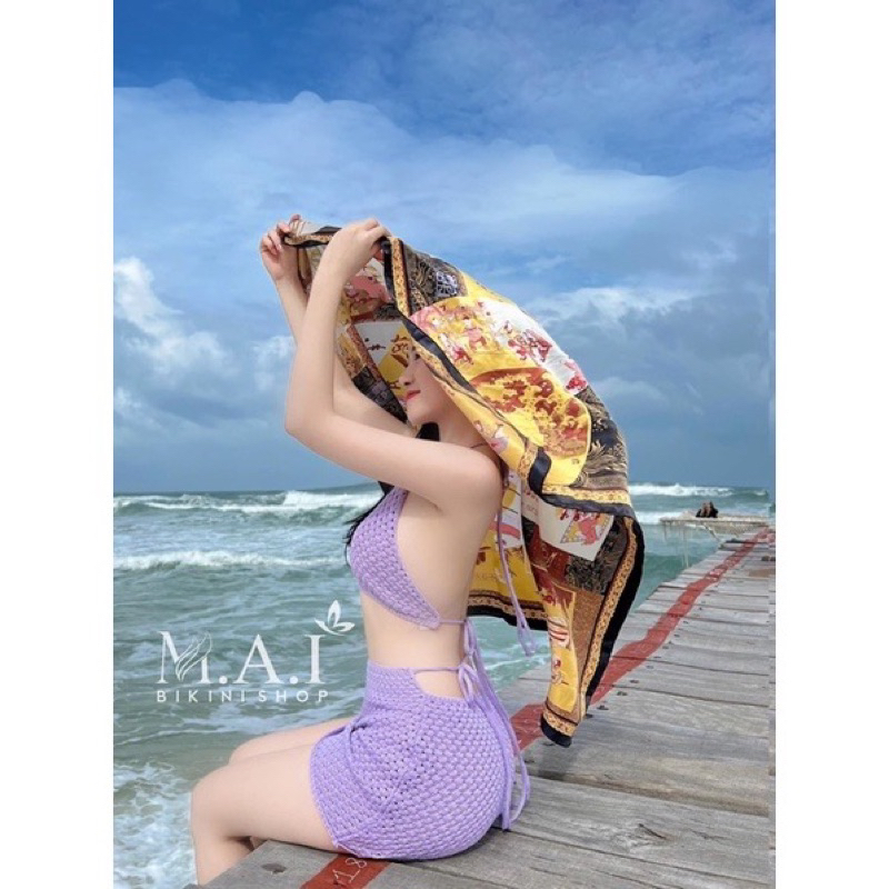 Set bikini len dệt màu tím quảng châu