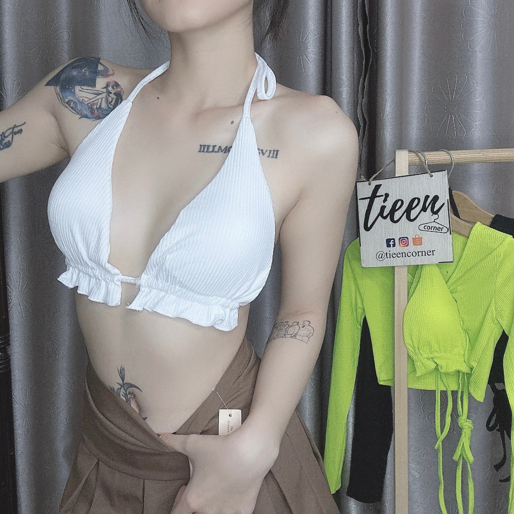 Set 2 áo nữ croptop tay dài khoen ngực ngoài kèm áo bikini sexy tieencorner 359