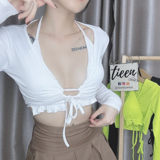 Set 2 áo nữ croptop tay dài khoen ngực ngoài kèm áo bikini sexy tieencorner 359