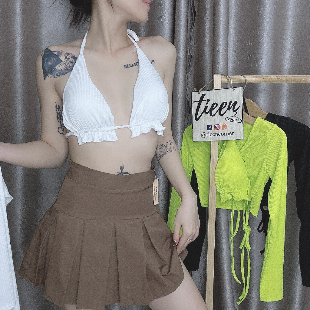 Set 2 áo nữ croptop tay dài khoen ngực ngoài kèm áo bikini sexy tieencorner 359