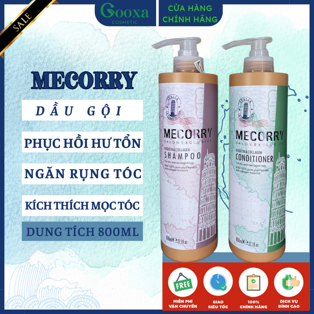 Cặp dầu gội dầu xả MECORRY 800ml,xuất xứ ITALY,phục hồi tóc hư tổn