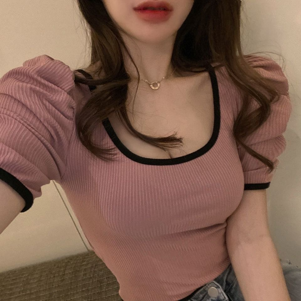 Áo len tăm tay bồng bó sát, dáng ôm cổ trễ sexy nữ tính - Có ảnh thật