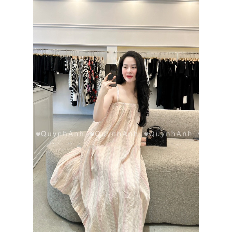 Đầm Hai Dây Suông Chất Đũi Kẻ Mã QA1034