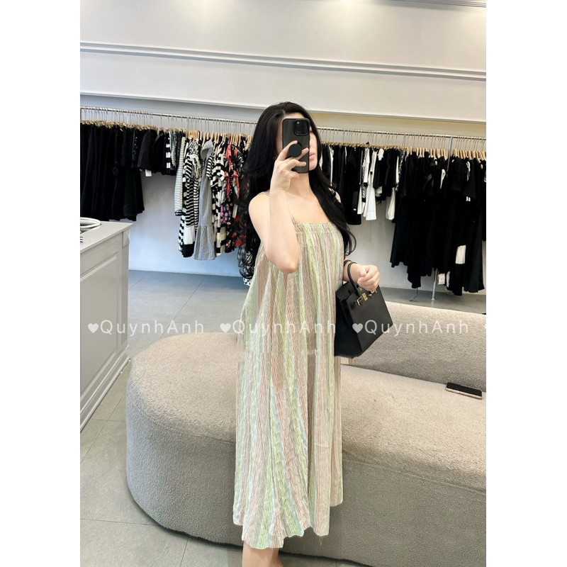 Đầm Hai Dây Suông Chất Đũi Kẻ Mã QA1034