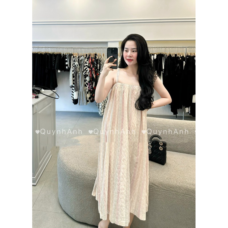 Đầm Hai Dây Suông Chất Đũi Kẻ Mã QA1034
