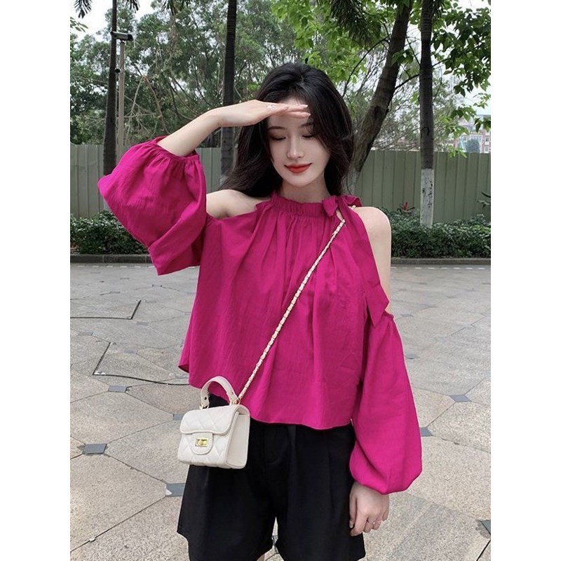 Áo hở vai hồng pastel croprop tiểu thư