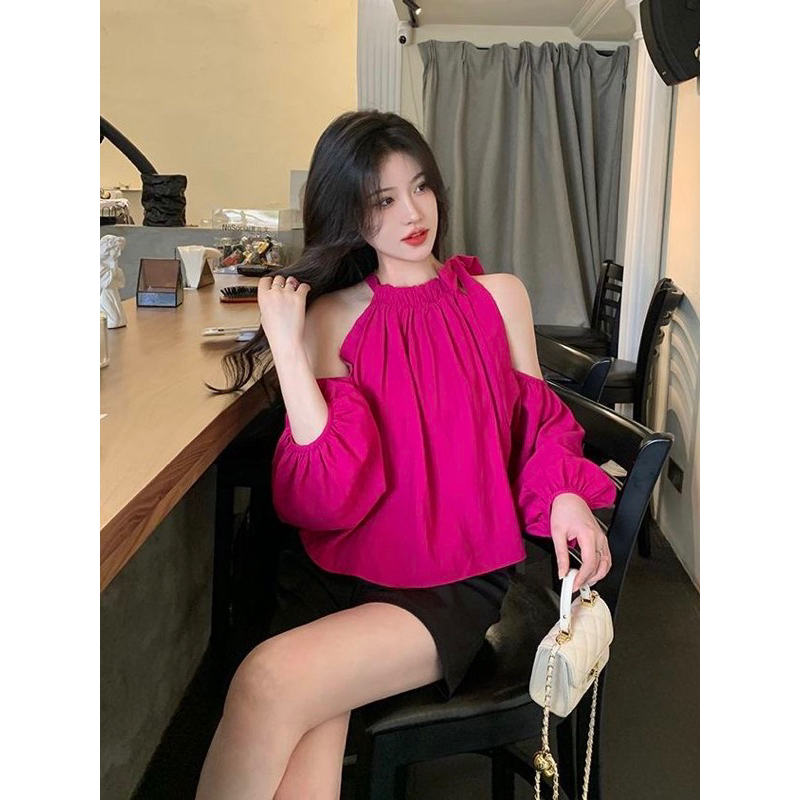 Áo hở vai hồng pastel croprop tiểu thư