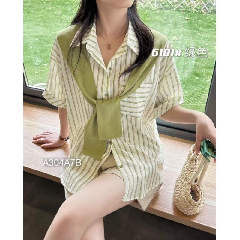 Áo sơ mi buộc vạt trước phối khăn thời trang . sơ mi kẻ quảng trâu kẻ nhiều màu kiểu hàn