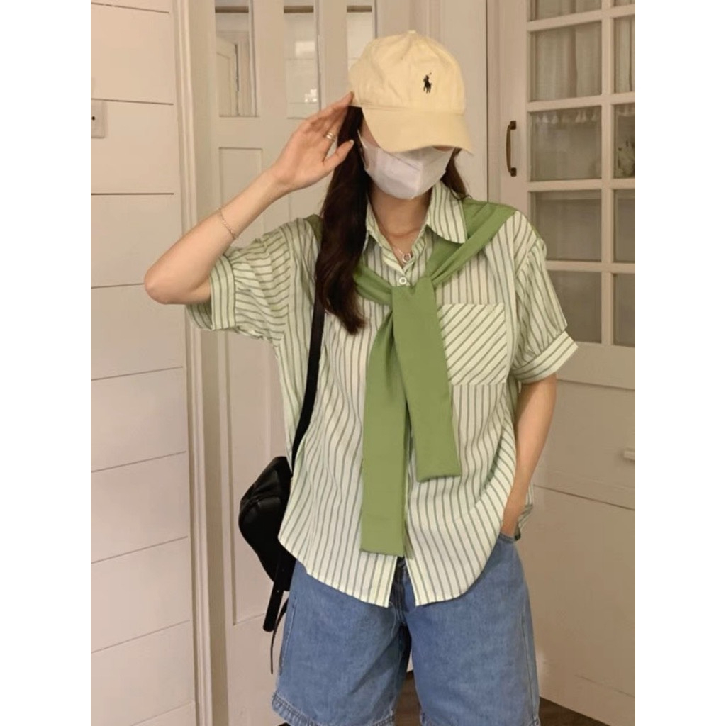 Áo sơ mi buộc vạt trước phối khăn thời trang . sơ mi kẻ quảng trâu kẻ nhiều màu kiểu hàn