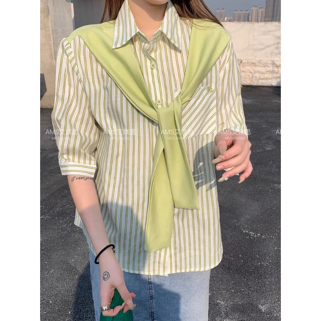 Áo sơ mi buộc vạt trước phối khăn thời trang . sơ mi kẻ quảng trâu kẻ nhiều màu kiểu hàn