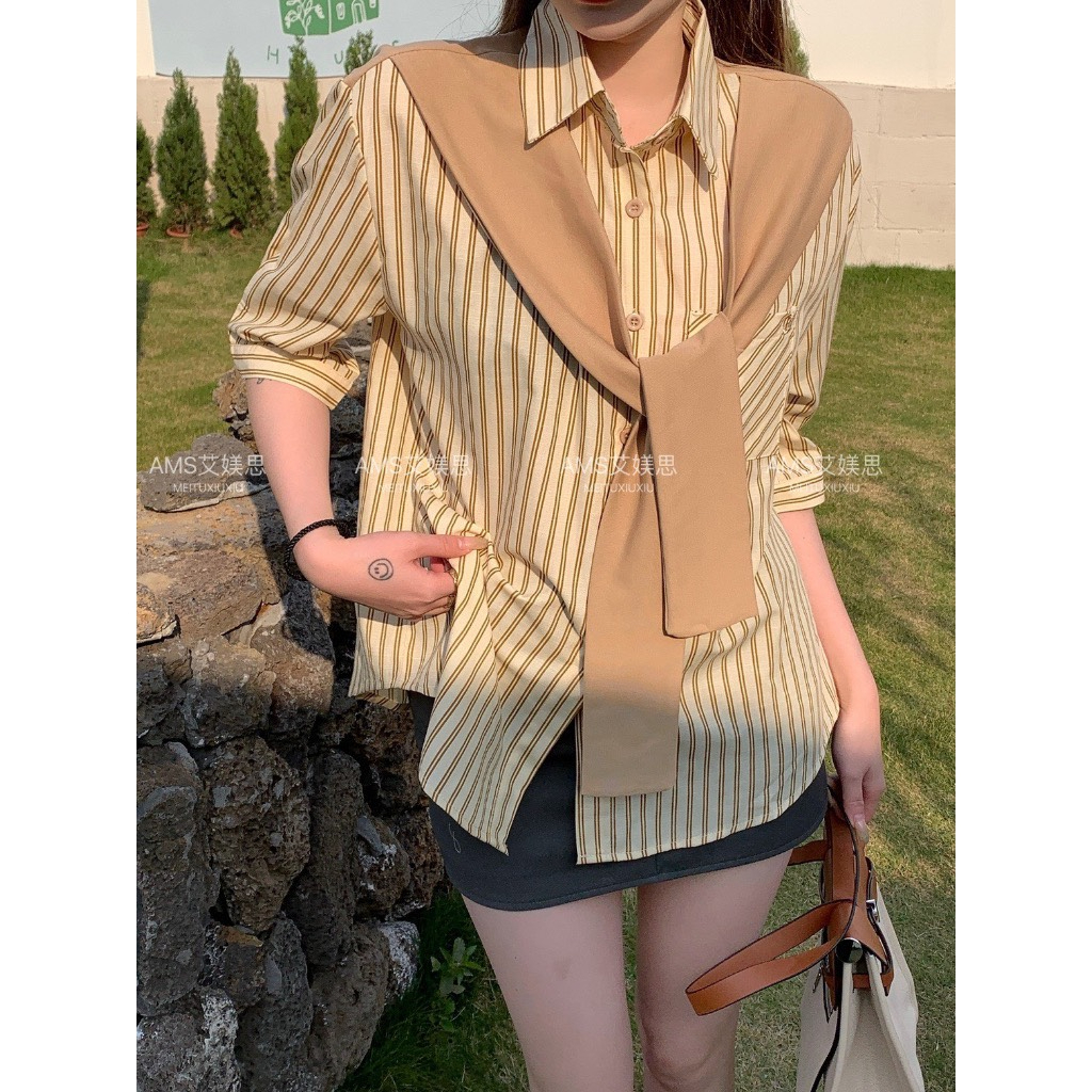 Áo sơ mi buộc vạt trước phối khăn thời trang . sơ mi kẻ quảng trâu kẻ nhiều màu kiểu hàn