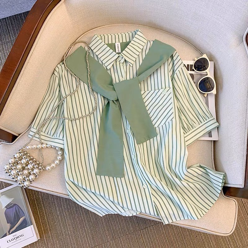 Áo sơ mi buộc vạt trước phối khăn thời trang . sơ mi kẻ quảng trâu kẻ nhiều màu kiểu hàn