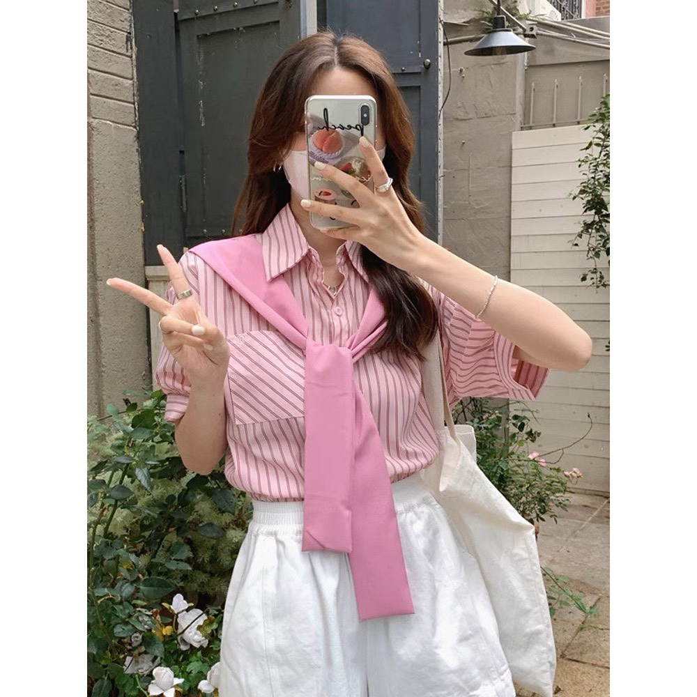 Áo sơ mi buộc vạt trước phối khăn thời trang . sơ mi kẻ quảng trâu kẻ nhiều màu kiểu hàn