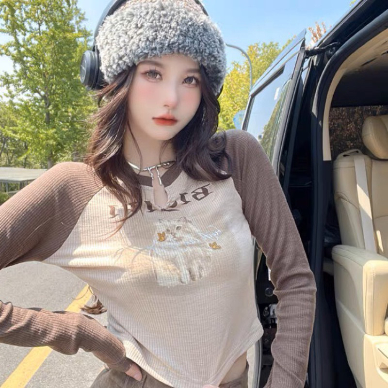 Áo thun raplan kiểu croptop tay dài cổ GIỌT NƯỚC in hình MÈO ĐẸP nữ GB- Thiên Yết