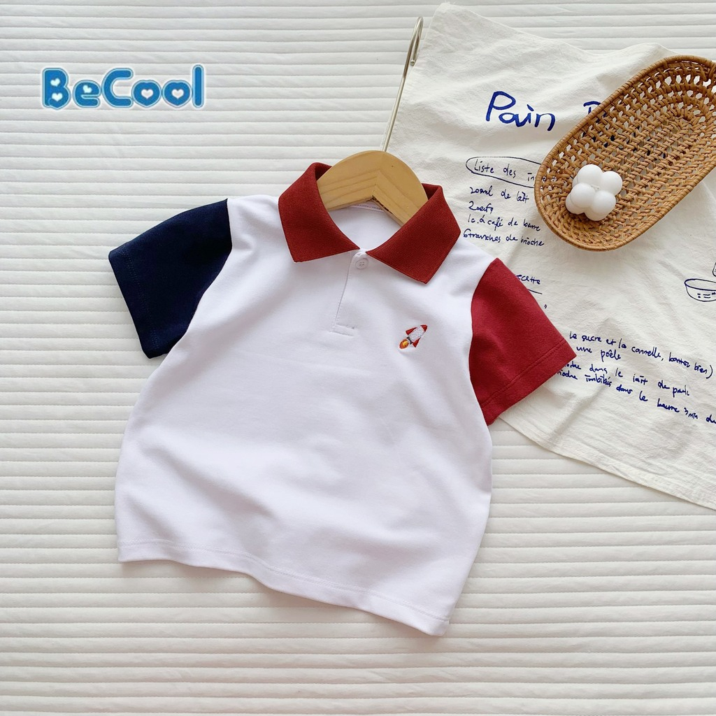 Áo polo bé trai cộc tay cotton, áo polo cho bé thêu đỏ trẻ em từ 7-27kg