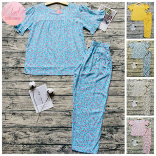 Đồ bộ lanh, đồ bộ tole mặc nhà nữ trung niên hoa nhí 50-70 ký, Quần dài 9 tất áo cổ tròn tay lỡ, Khả nhi dobo shop