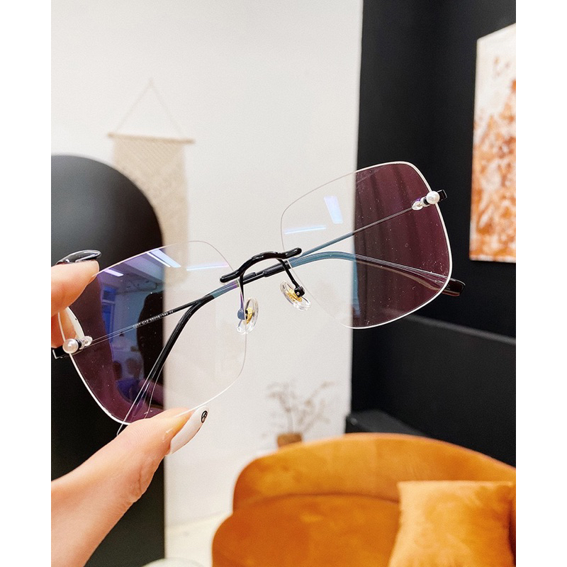 Gọng mắt Kính nữ không viền độc lạ đính ngọc trắng Bự store chân kim loại 1135 / 1038