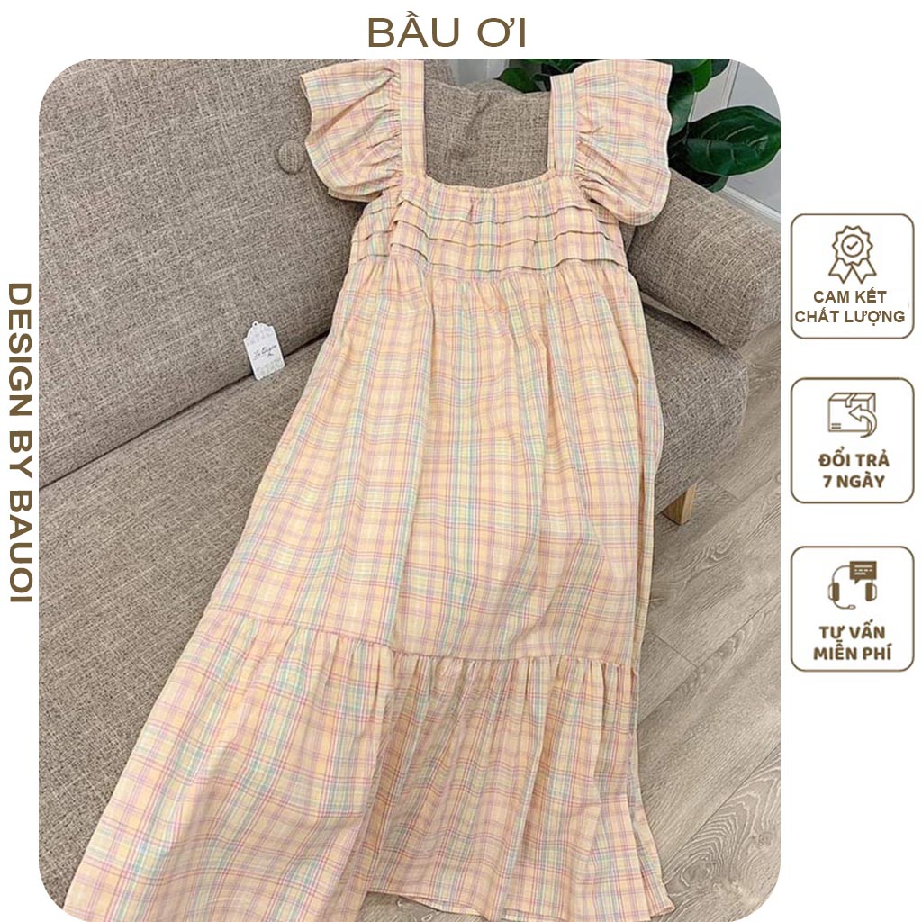 [V305] ĐẦM VÁY BẦU MÙA HÈ TAY CÁNH TIÊN PHỐI KẺ CARO DÁNG SUÔNG ĐUÔI CÁ - ĐẦM BẦU ĐI BIỂN CỰC XINH FREESIZE
