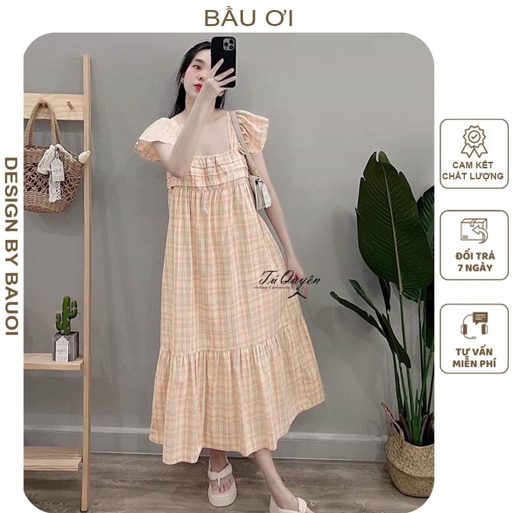 [V305] ĐẦM VÁY BẦU MÙA HÈ TAY CÁNH TIÊN PHỐI KẺ CARO DÁNG SUÔNG ĐUÔI CÁ - ĐẦM BẦU ĐI BIỂN CỰC XINH FREESIZE