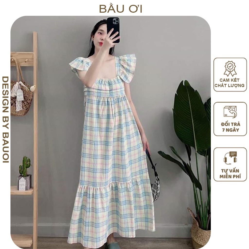 [V305] ĐẦM VÁY BẦU MÙA HÈ TAY CÁNH TIÊN PHỐI KẺ CARO DÁNG SUÔNG ĐUÔI CÁ - ĐẦM BẦU ĐI BIỂN CỰC XINH FREESIZE