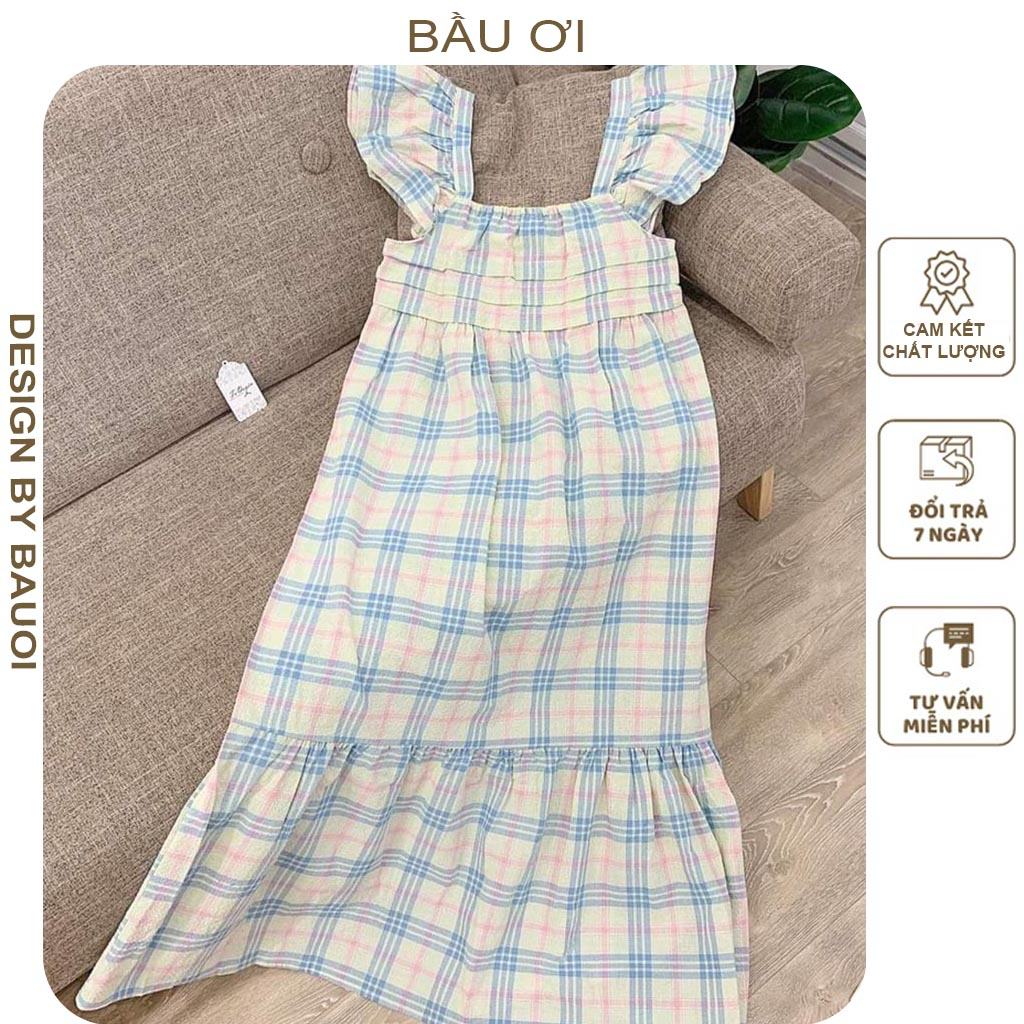 [V305] ĐẦM VÁY BẦU MÙA HÈ TAY CÁNH TIÊN PHỐI KẺ CARO DÁNG SUÔNG ĐUÔI CÁ - ĐẦM BẦU ĐI BIỂN CỰC XINH FREESIZE