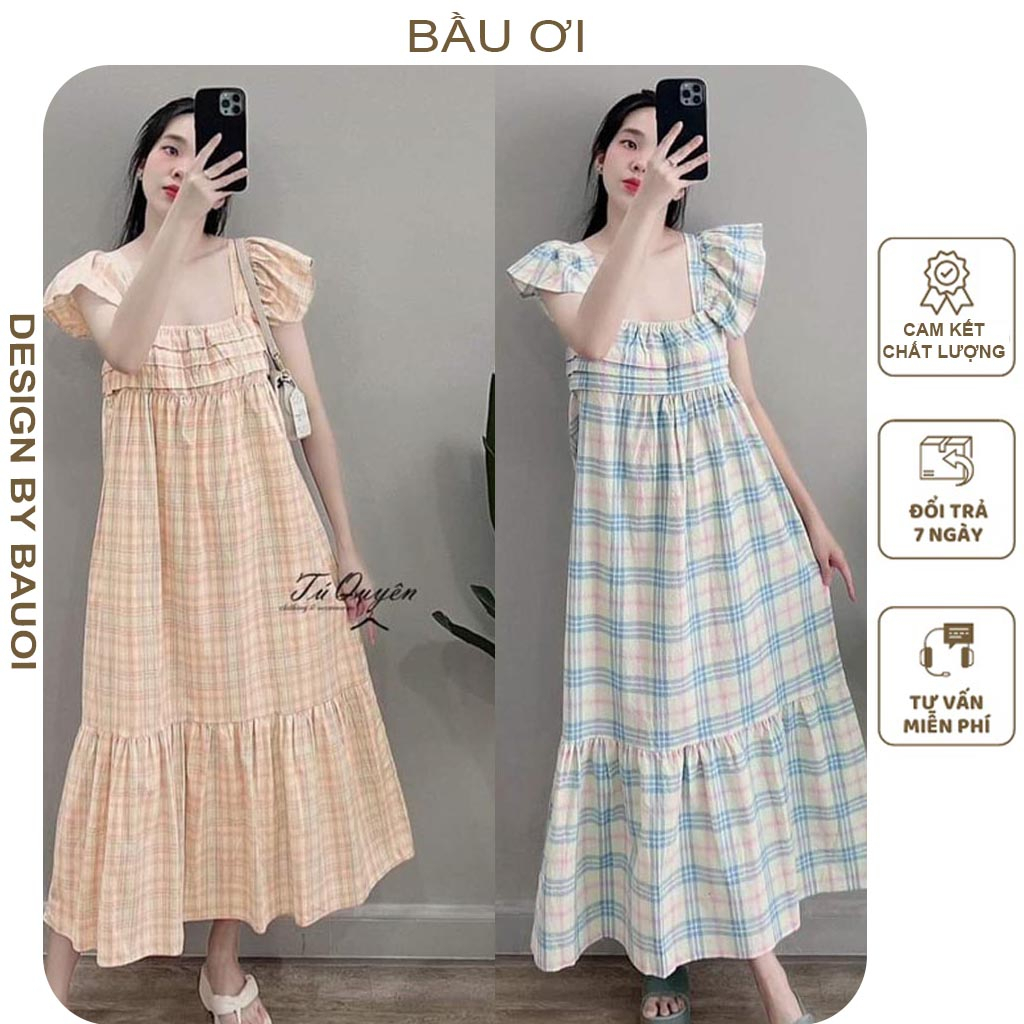 [V305] ĐẦM VÁY BẦU MÙA HÈ TAY CÁNH TIÊN PHỐI KẺ CARO DÁNG SUÔNG ĐUÔI CÁ - ĐẦM BẦU ĐI BIỂN CỰC XINH FREESIZE