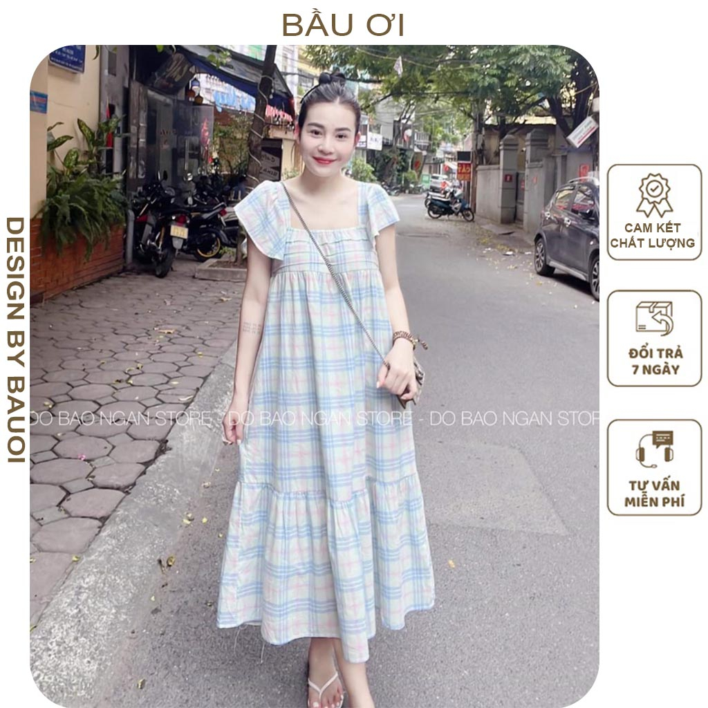 [V305] ĐẦM VÁY BẦU MÙA HÈ TAY CÁNH TIÊN PHỐI KẺ CARO DÁNG SUÔNG ĐUÔI CÁ - ĐẦM BẦU ĐI BIỂN CỰC XINH FREESIZE