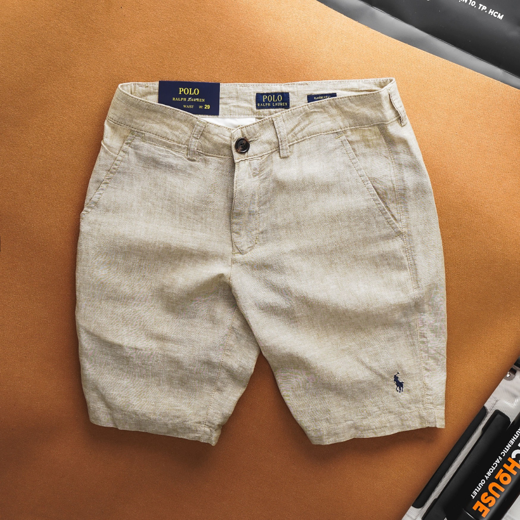 Quần short linen R.L, Quần short nam màu cá tính chuẩn form mềm mịn trẻ trung sang trọng màu kem, xanh mạ - Basichouse