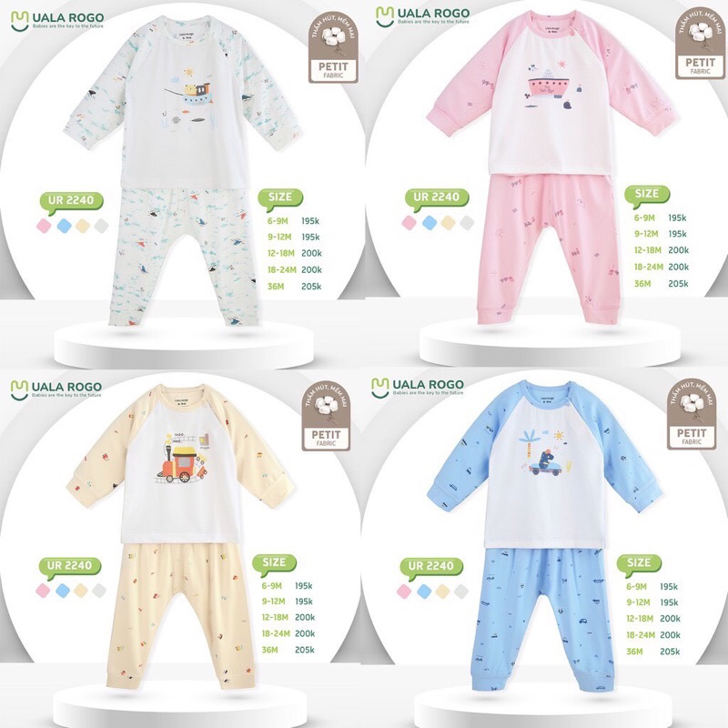 Bộ quần áo dài tay sơ sinh raglan in hình Uala rogo chất petit