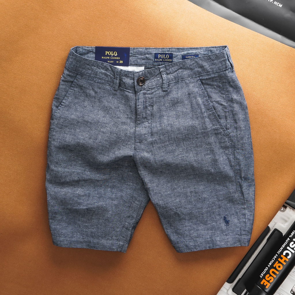 Quần short linen R.L, Quần short nam màu cá tính chuẩn form mềm mịn trẻ trung sang trọng màu navy, xanh cb - Basichouse