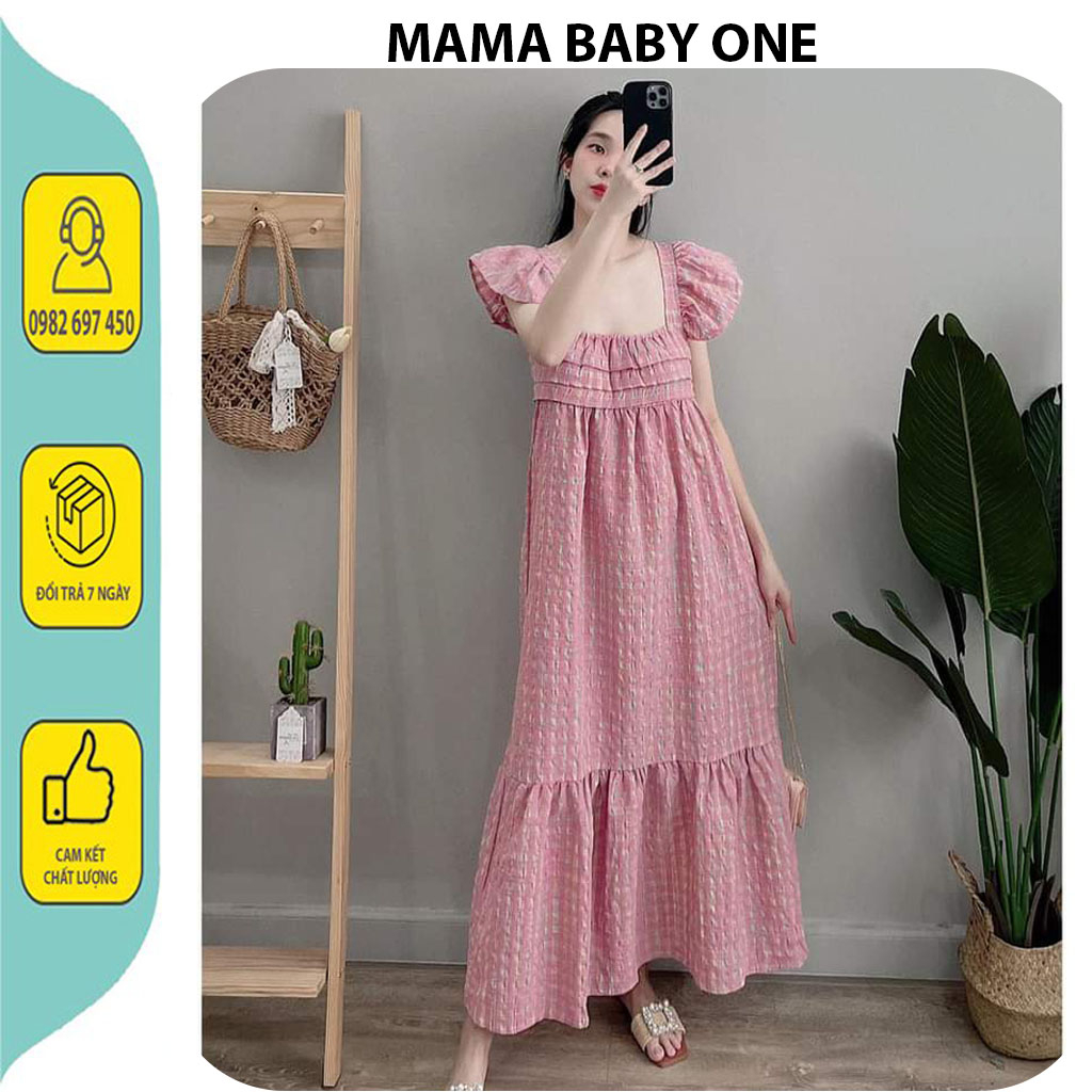 ĐẦM VÁY BẦU ĐI BIỂN MÙA HÈ TAY CÁNH TIÊN DÁNG SUÔNG DÀI KẺ HỒNG CẦU VẦU HOT TREND - ĐẦM BẦU XINH CHO MẸ