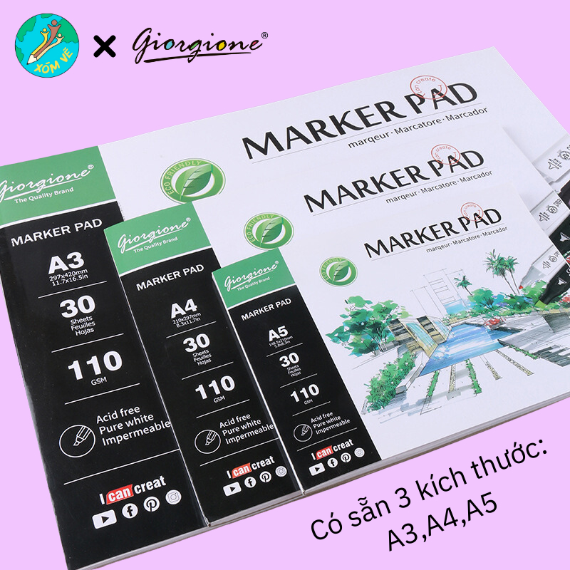 Sổ vẽ marker, màu dạ Giorgione Marker Pad 110gsm 30 TỜ, khổ A chuẩn.