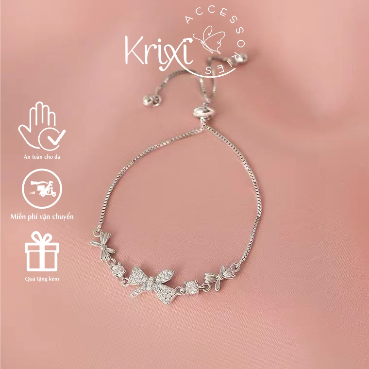 Lắc tay bạc nữ 925 Krixi Silver, dây chuyền bạc dây rút hình chiếc nơ xinh đẹp, duyên dáng