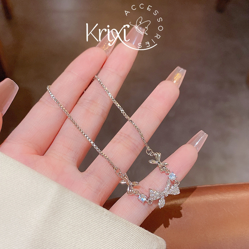 Lắc tay bạc nữ 925 Krixi Silver, dây chuyền bạc dây rút hình chiếc nơ xinh đẹp, duyên dáng