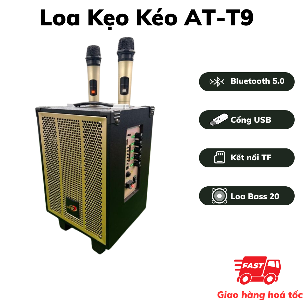 Loa Kẹo Kéo AT T9 Bass 20cm Công Suất 80W Âm Thanh Uy Lực Độ Vang Xa Bass Treble Cực Mạnh Tặng Kèm 2 Micro Không Dây