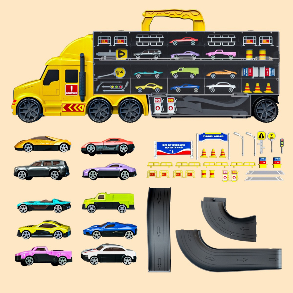 Xe đồ chơi xe tải 3 tầng kèm 6 xe đua nhỏ mô hình đường đua xe dài 1.65 - 2m có thể gấp gọn cho bé, q