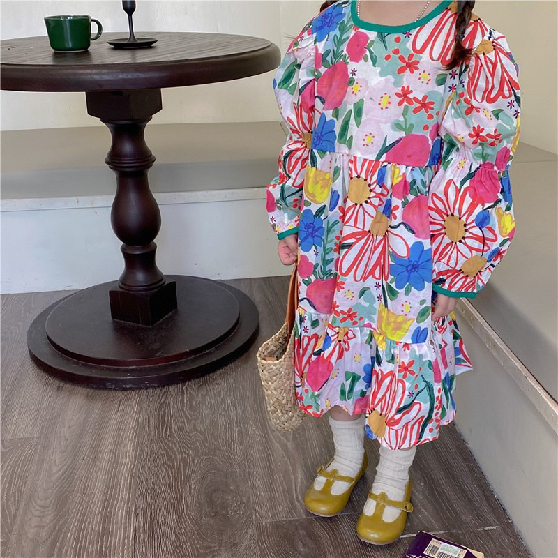 Váy hoa in cổ tròn mùa hè cho bé gái tay bồng công chúa