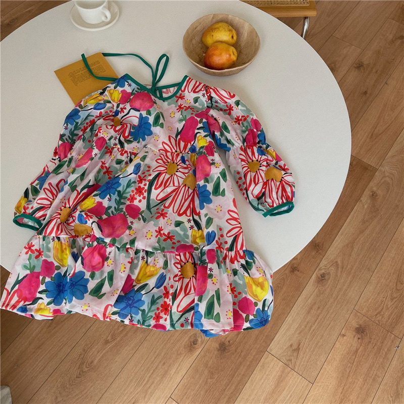 Váy hoa in cổ tròn mùa hè cho bé gái tay bồng công chúa