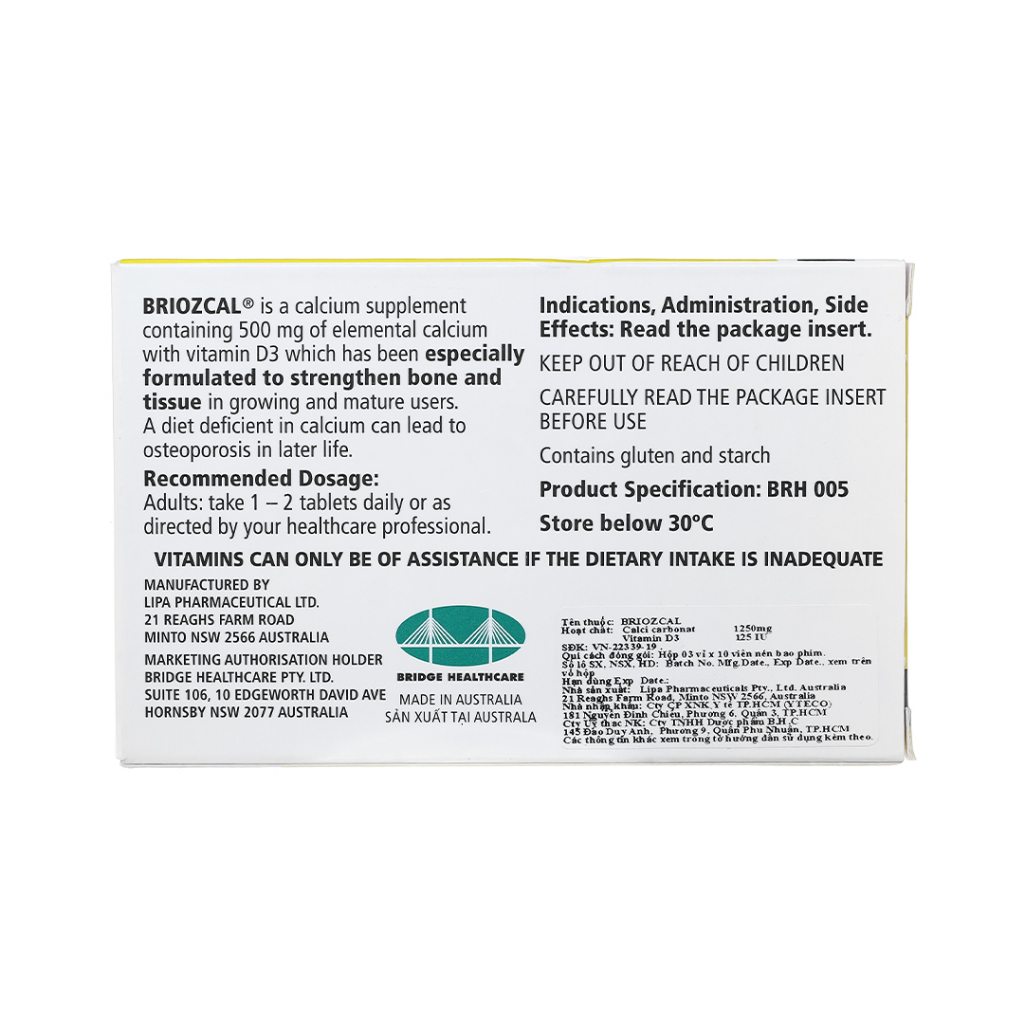 Briozcal hộp 30 viên nhập khẩu ÚC giúp bổ sung canxi, vitamin D3