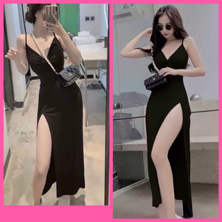 Đầm 2 dây xẻ tà dài thun co giản