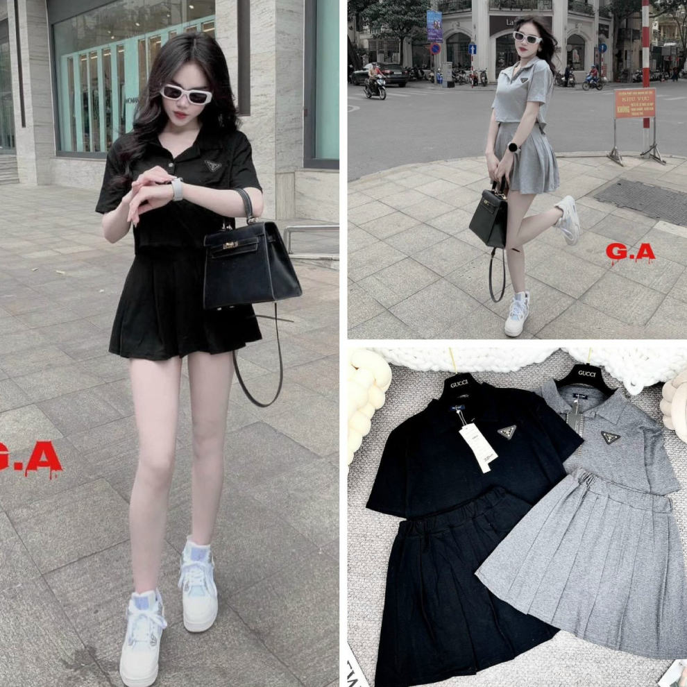 Set đầm váy nữ áo thun croptop mix chân váy xếp ly xòe ngắn xinh xắn dành cho các nàng đi dạo, đi chơi siêu dễ thương.