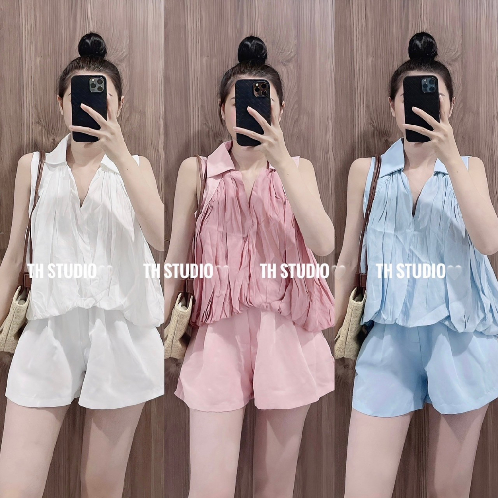 Set áo sơ mi sát nách cổ bẻ phồng mix quần đùi hót