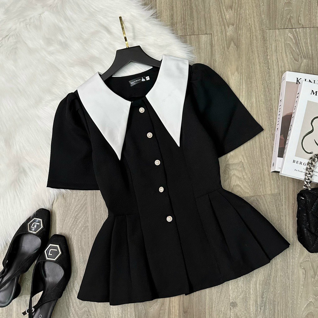 Áo Sơ Mi Peplum Cổ Nhọn Xếp Li Eo Siêu Hack Dáng Mặc Đi Làm Đi Chơi