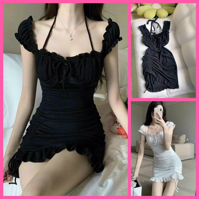 “Loại 1 Đẹp nhất” Đầm Ôm Body Lưới Bèo Sexy Thun Gan Rút Dây Nhún Cột Cổ