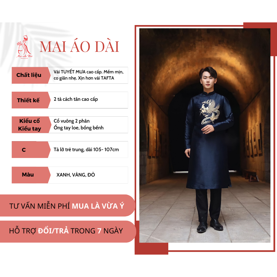 Áo dài cách tân nam thêu Phượng xanh than vải tuyết mưa cao cấp - Mai Áo Dài