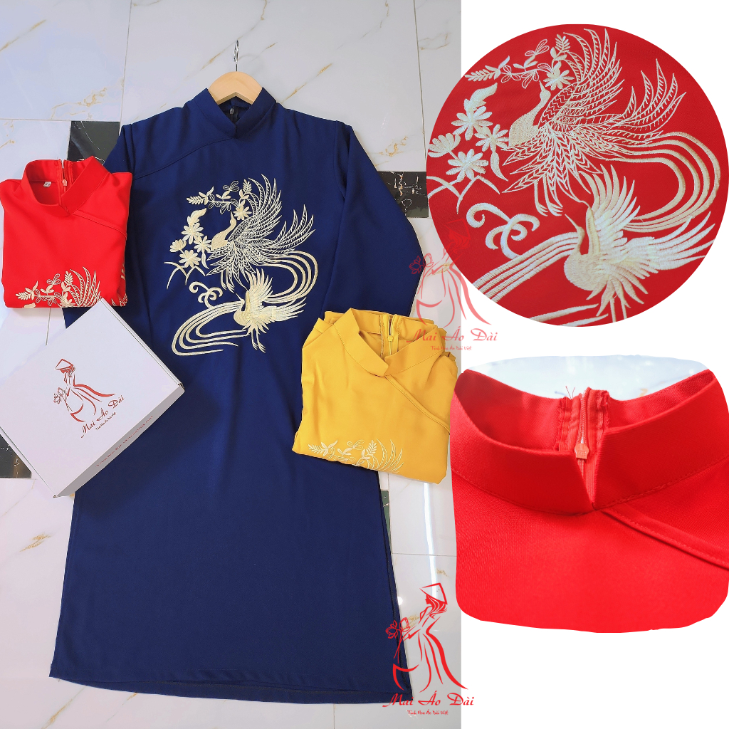 Áo dài cách tân nam thêu Phượng xanh than vải tuyết mưa cao cấp - Mai Áo Dài