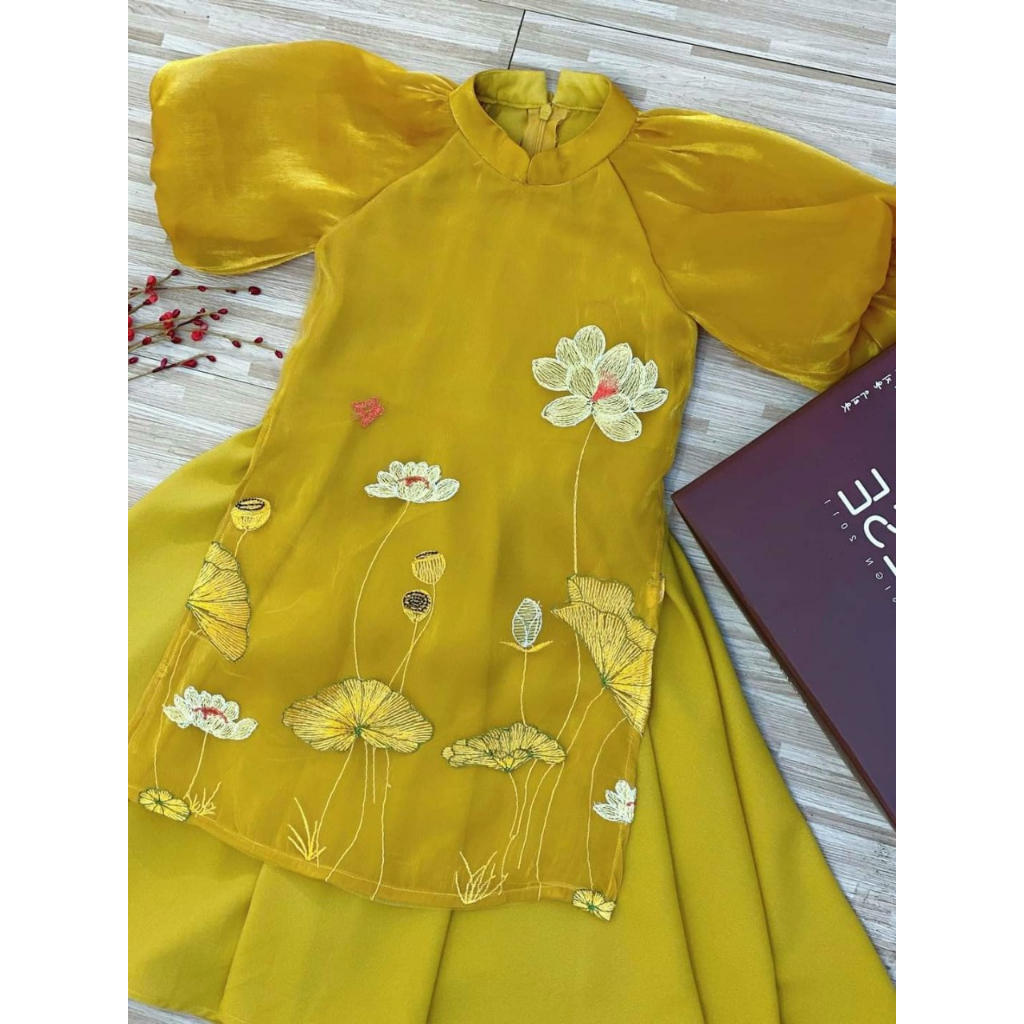 Áo dài bé gái, áo dài cách tân cho bé gái Hoa Sen đỏ, vàng tay bồng, chân váy 2 lớp xịn xò cao cấp