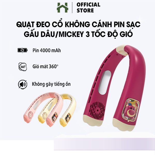 Quạt Đeo Cổ Không Cánh Gấu Dâu Lotso, Quạt Treo Cổ Mini Sạc Pin Tích Điện 3 Cấp Độ Gió Êm Ái Pin 4000mAh