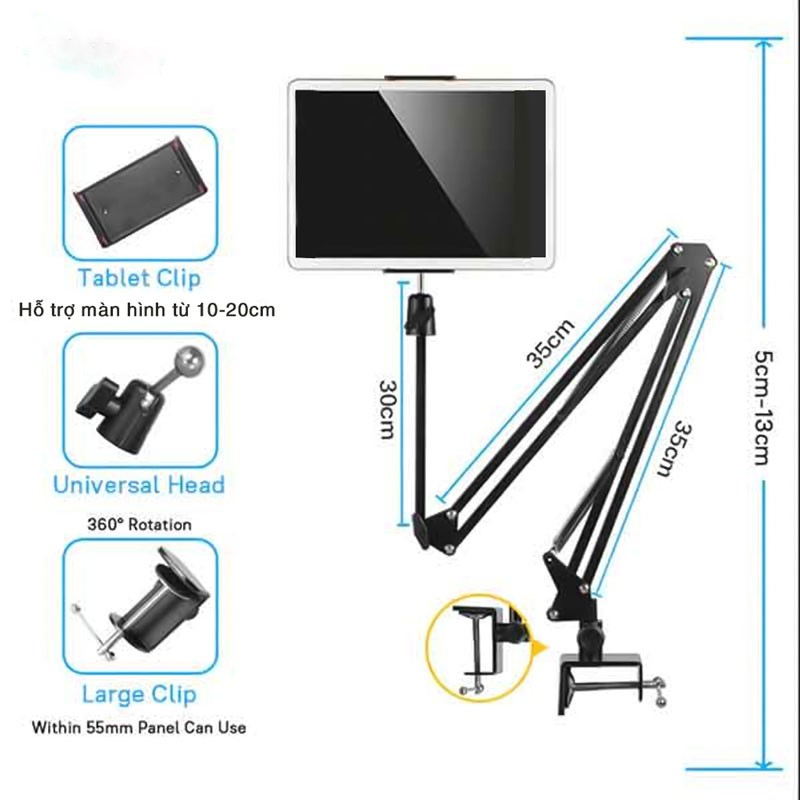 Gía đỡ ipad gấp gọn thân nhôm xoay 360 kẹp bàn,đầu giường chống rung,chắc chắn,kẹp điện thoại cao cấp